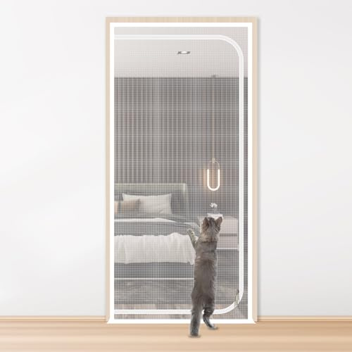 Porta zanzariera per animali 85x200cm, rete rinforzata antigraffio con cerniera a doppia faccia, per gatti e cani (forma D - bianco)