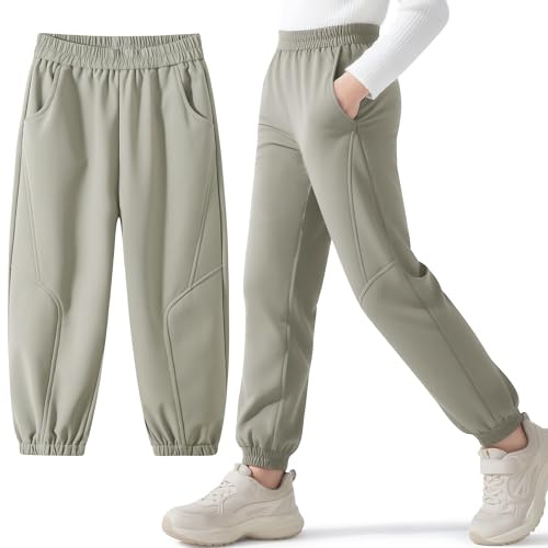 Hoseay Pantalon Randonnée Softshell Garcon, Thermique Imperméable Coupe-Vent Pantalons de Montagne, Doublé Polaire avec Poche Pantalon Automne Hiver pour Enfant Junior 12-13 Ans, Gris Clair