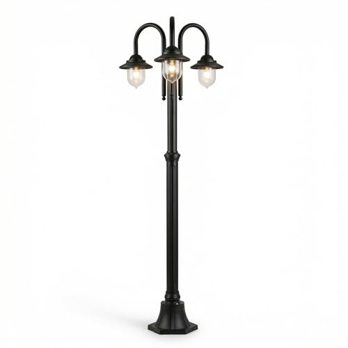 maolo Lampione da Giardino 3 Bracci Classico IP54 | 210cm in Alluminio | 3x E27 Max 60W | Palo Illuminazione Esterno per Viali, Ville e Cortili | Bianco/Nero (Nero)