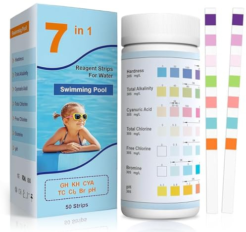 100 Tiras Reactivas de Prueba Piscina y Spa 7 en 1,Tiras Para Bañera de Hidromasaje pH Prueba,Alcalinidad,Dureza Total,Medidor Cloro Libre,Acido Cianurico,Cloro y Bromo,pH y dureza