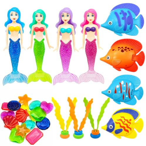 27 Pièces Jouet de Plongée Piscine,Jeux de Piscine pour Enfants | Sirène Jouet de Piscine Enfant Set,Meerjungfrauen Spielzeug,Seetang,Fisch,Edelstein,pour les Enfants 4 à 12 ans