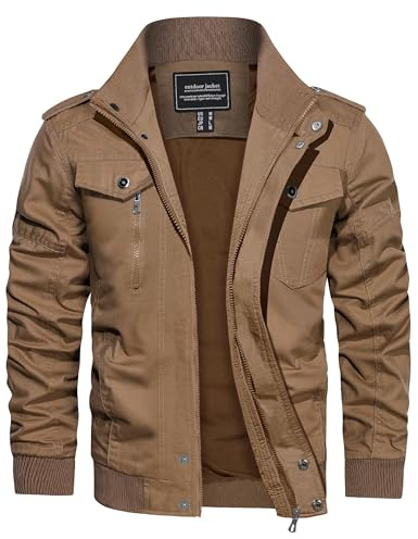 CRYSULLY Men's Military Jacket Workwear Coat Multi Pockets, Khaki, M