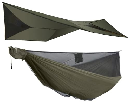 onewind 355cm Camping Hängematte mit 366cm Tarp Regen Fliege und Bug Net Ridgeline Portable Lightweight Double Hammock mit Moskitonetz Ripstop Nylon mit 2 * 3m Baum Riemen für Wandern Backpacking