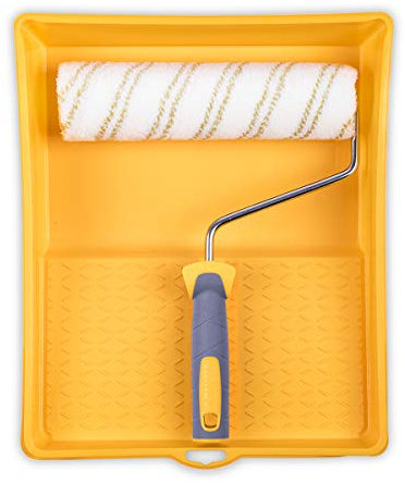 HARDY WORKING TOOLS Kits de herramientas de pintura, Rodillos de pintura, Cubeta e Rodillo antigota poliacrílico, Altura del pelo 12mm, Eslora 25cm, Diámetro 48mm, Blanco-amarillo-gris, A0180-513000
