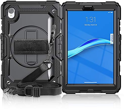 QYiD Hülle Lenovo Tab M8 HD 2nd Gen/Tab M8 FHD 2019, Stoßfeste Robust Panzerhülle mit Displayschutz, Drehbar Stände, Handschlaufe, Schultergurt Schutzhülle für Lenovo M8 8.0, Schwarz