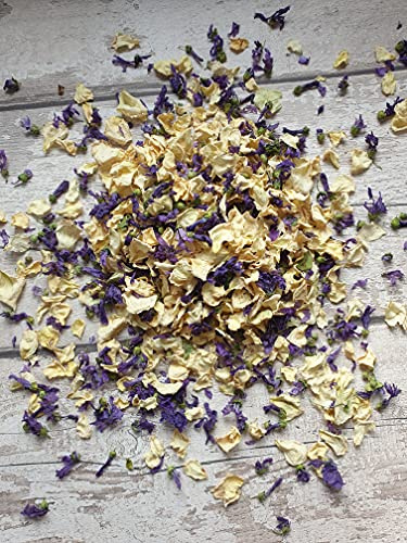 Fun Floral Fusions Confeti biodegradable, 1 litro, 10/12 invitados, color crema y morado, pétalos de flores secas, pétalos de rosa secos, color amarillo burdeos
