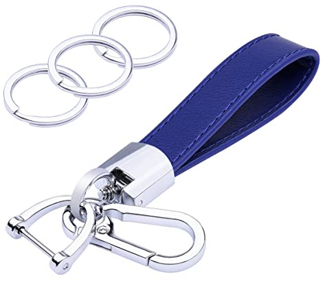 Wisdompro Genuine Leather Car Keychain, Universal Key Fob Keychain Leather Key Chain Holder for Men and Women, 360 Degree Rotatable, with Anti-lost D-ring, 3 Keyrings - Blue (Silver Carabiner Clip)