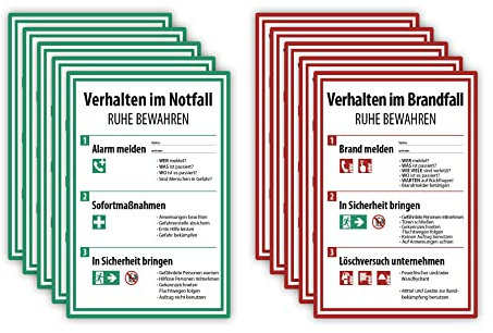 10x Hochwertige Aufkleber verhalten im Brandfall/Notfall in A4 | 21 x 29,7cm Sticker mit UV Schutz für Außen-und Innenbereich