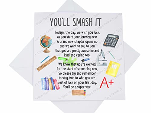 Just Toys Online Secondary School Back to School Card, New Year Class School Good Luck Card, Son Daughter Grandson Granddaughter, Good Luck Card, New Journey Poem Verse , 5.8mm square