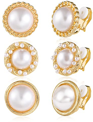 Gold Clip On Earrings, 3 Pairs Clip On Pearl Earrings Non Pierced 14k Gold Plated Dainty Earrings Set Small Clip On Earrings for Women