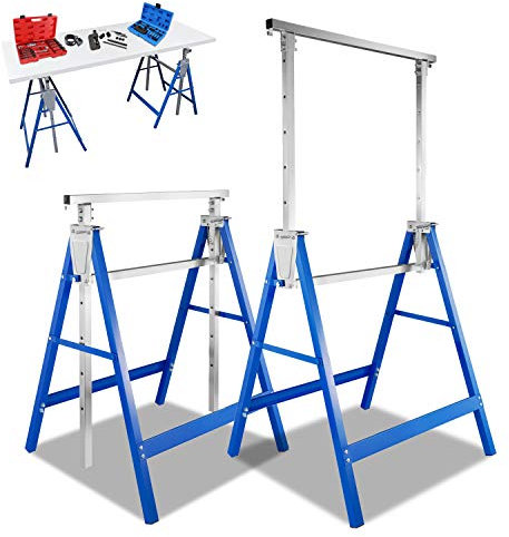 Daromigo Andamio de caballete, 2 caballetes de 7 alturas, altura regulable de 80 a 130 cm, plegable, soporte de metal plegable, capacidad de carga de 200 kg, color azul y plateado