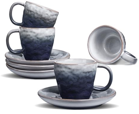 BOILMERIT 3 oz Espresso Cups Set of 4, Mini Italian Double Espresso Coffee Cup, Vintage Small Ceramic Demitasse Cups with Saucer for Lungo Coffee, Blue
