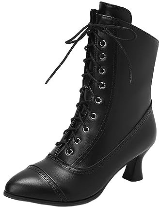 Briskorry Bottines vintage victoriennes pour femme - Bottes en cuir - Style rétro gothique - Steampunk - En cuir synthétique - Bout pointu - Bottes de moto à lacets - Pour la fête de la bière, Noir2,