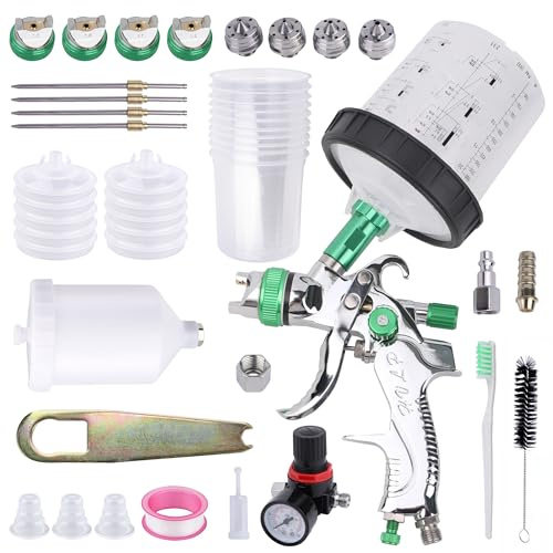 Zeinlenx HVLP Spray Gun with 10Pcs 600ML Disposable Paint Cups, 4 Nozzles,1.4/1.7/2.0/2.5mm, Automotive Gravity Feed Paint Spray Gun Kit with Air Compressor Regulator for Auto (Green)