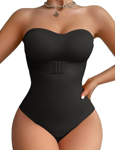FEOYA Women Shapewear Bodysuit Tummy Control Seamless Shaping Body Shaper Thong with Removable Pads And Straps Womens Strapless Shapewear Bodysuit Bandeau Bodysuit Top Black S