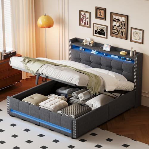 Gegtuon Polsterbett Bett 160x200 cm mit USB-LED-Licht, Doppelbett mit Hydraulisch Stauraum Underbett und Kopfteil, Stauraumbett Gästebett Jugendbett Möbel mit Lattenrost, ohne Matratze, Leinen, Grau