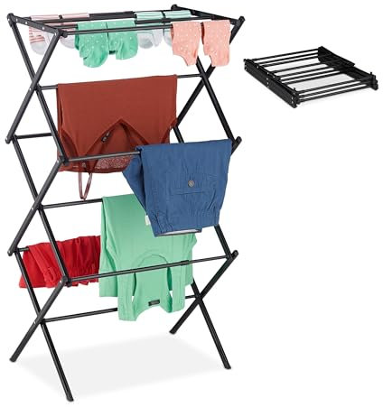 Relaxdays Wäscheständer klappbar, 11 Stangen auf 6 Ebenen, HBT: 105x73x37 cm, ausziehbarer Wäscheturm, Metall, schwarz