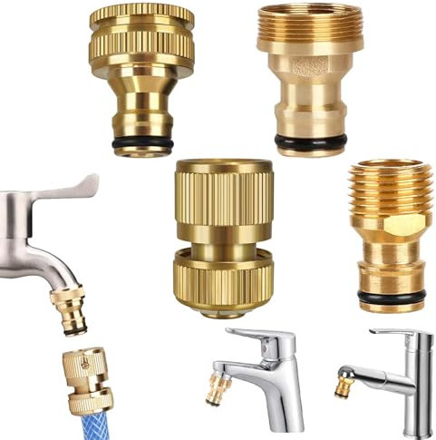 TREABEAR 4PCS Adaptador Grifo Manguera, Conector Rapido de Latón de 1/2, 3/4 y 1/2 Adaptador para Grifo 2 en 1, Adaptador Manguera Grifo, Conector Manguera para Jardín y Cocina