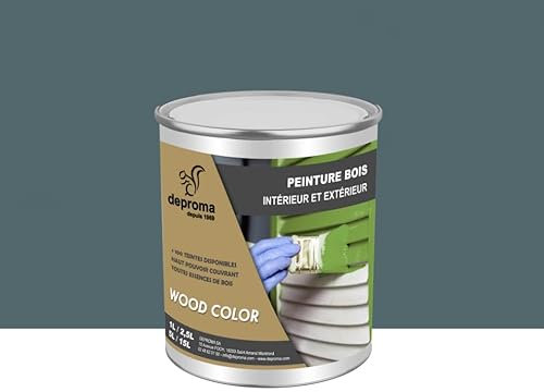 DEPROMA Peinture bois intérieur et extérieur SATIN - Qualité professionnelle (Gris Bleu - RAL 7031, 1 Litre)