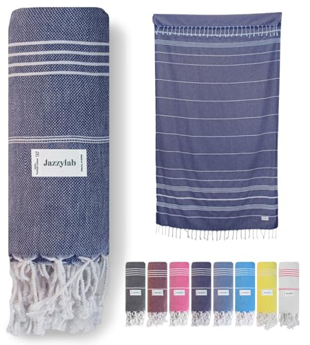 jazzylab SULTAN Peshtemal Hammam Towel | 100% Cotton with Striped Design | Lightweight, Quick-Drying & Absorbent | Turkish Beach, Spa & Sauna Towel | Hand-Knotted Fringes | Navy, 90x180 cm