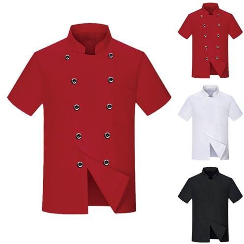 Mens Professional Chef Jacket Short Sleeve Chef Executive Classic Coat Unisex Regular Fit Lightweight Work Shirt White Black RED with Cloth Covered Buttons Printed Top Sizes M to 4XL
