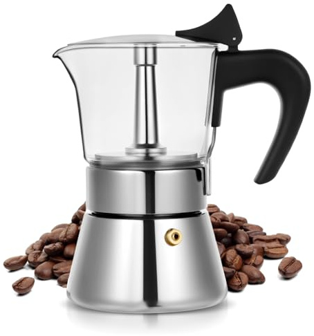 Suiitat Induction Moka Pot, 4 Cups (7.1 oz) Crystal Glass-Top & Stainless Steel Moka Pot, Classic Stovetop Espresso Maker, Silver