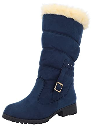 Bottes d'hiver doublées élégantes pour femme - Talon épais - Antidérapantes - Bottes de randonnée mi-hautes - Confortables et chaudes - Avec boucle de ceinture, bleu, 42 EU