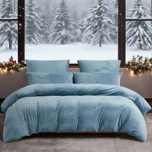 YASMENG Ropa de cama de invierno 135x200 4 piezas azul claro cálida acogedora suave ropa de cama de invierno suave terciopelo felpa vellón franela juego de funda nórdica regalo con cremallera y 2