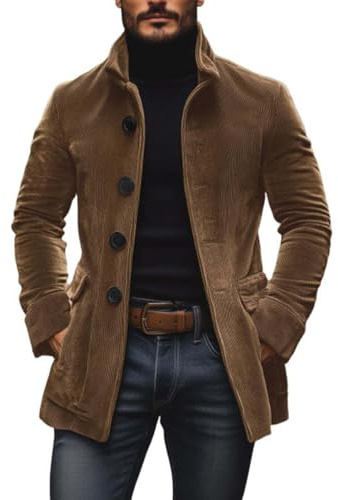 AnLingOu Cappotto Blazer Uomo In Velluto a Costine Vintage Con Collo Alla Coreana, Chiusura a Bottoni e Tasche Multiple, Giacca Casual M