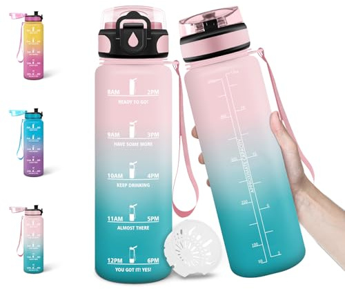 Motswedi Gourde, 500ml Sans BPA, Gourde Plastique, Conception de Verrouillage Anti-Fuite, Bouteille, Avec Horodatage, Bouteille Motivation pour École, Camping, Usage Quotidien - Fuchsia&cyan