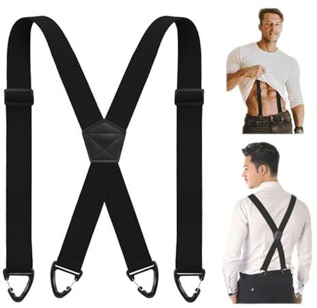FOSDICK Bretelle per Uomo Extra Resistente 3,8 cm Larghezza, Bretelle da Uomo Nero Tipo X Regolabile con 4 Moschettoni da Arrampicata per Pantaloni Lavoro Sci Salopette