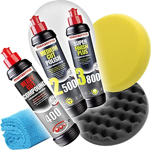 detailmate Set di Lucidi e Pasta abrasiva lucidante - Menzerna 250 ml- HCC400 + Medium Cut 2500 + SFP3800 + 3 Tamponi per lucidare (Morbido, Medio, Duro) + Panno Microfibra per la lucidatura
