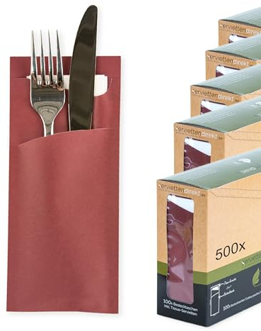 PG PrimeGuest SUPPLY 85x190mm Bestecktasche mit Serviette, 2-lagige Tissue-Serviette in Weiß Bestecktaschen ideal für Gastronomie und Feiern 500 Stück (Bordeaux)