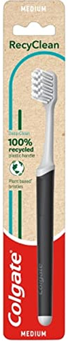 Colgate Recyclean Medium Toothbrush, Manual Toothbrush Medium, 100% Recycled Plastic Handle, 100% Plant-Based Nylon Bristles, Cleans Deep, Compact Head for Better Reach