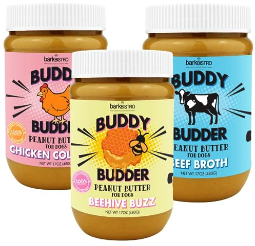 Bark Bistro Company, Beef Broth + Chicken Collagen + Beehive Buzz, 100% Natural Dog Peanut Butter, Healthy Dog Treat, Made in USA (Set of 3 / 17oz Jars)