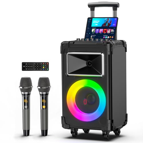 JYX Karaoke Machine with 2 Wireless Mics, 10 Woofer 500W Peak Power Big Portable Bluetooth Speaker with Bass/Treble Adjustment, PA System with Remote Control, LED Lights, Rolling Wheels and Trolley