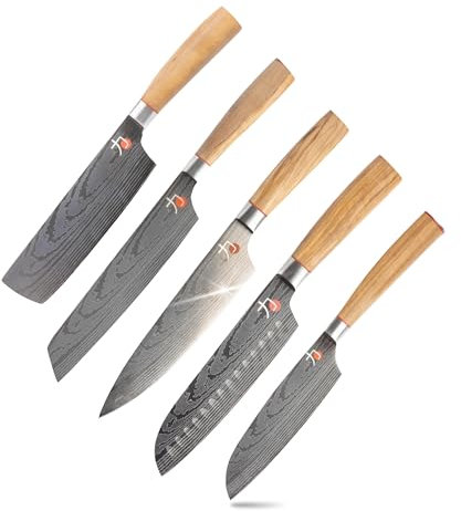 MasterPRO Tetsu | Couteaux de cuisine | Ensemble complet de 5 couteaux japonais | Parfait pour couper tous les types d'aliments | Cuisine Professionnelle | Manche en Bois d'Olivier