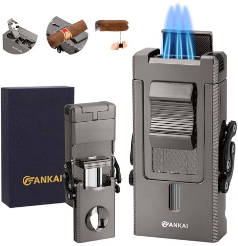FANKAI Zigarrenfeuerzeug, Multi-Tool Taschenlampe Feuerzeug mit Schiebe Zigarre V Cutter, Zigarrenhalter Zigarre Poker Zigarre Zubehör, Butan Feuerzeug Triple Jet Flame, Cooles Feuerzeug Geschenk für