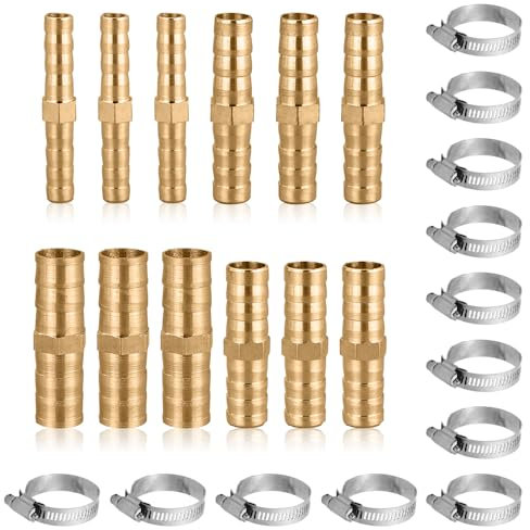 Riisoyu 12pcs Connecteur Droit Barbelé, Adaptateur de Tuyau Droit Bidirectionnel Laiton avec Colliers de Serrage en Acier Inoxydable connecteur cannelé laiton pour Tuyau Connexion 6/8/10/12mm