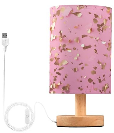 SKYSHU Lámpara de mesa de noche con fuegos artificiales de oro rosa, pequeña luz LED de escritorio, lámpara de mesita de noche USB con base de madera antideslizante y pantalla agradable para los ojos