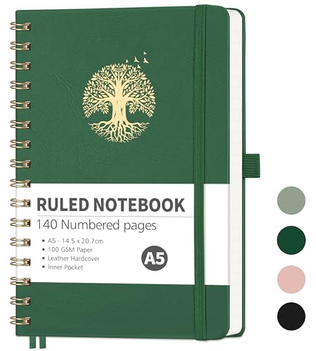 RETTACY A5 Notebook-Spiral College Ruled Notebook Journals for women,140 Numbered Pages Note Pad with 100GSM Thick Paper for Writingk,Inner Pocket,Sticky Notes,14.5 x 20.7cm - DarkGreen