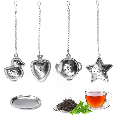 4 Pezzi Colino da tè a Forma di con Catena, Colini da tè in Acciaio Inossidabile a Forma, Tè Strainer con Vassoi, Filtro te Infusione in 304 Acciaio Inossidabile Ottimo Regalo per gli Amanti del Tè