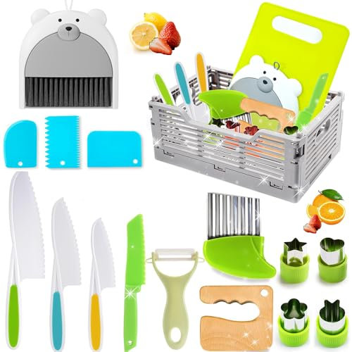 Cokomono Kit Couteaux de Cuisine pour Enfants, 17 Pièces Couteau Montessori Enfants pour Couper des Fruits ou Légume, Couteaux Enfant avec Couteau Ondulé et Planche à Découper à Partir de 2 Ans