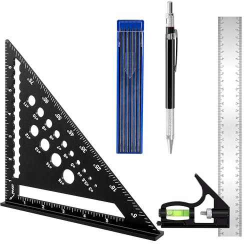 Escuadra Carpintero 185 mm, Ajustable Escuadra Combinada 300 mm, Lápices Carpintería con 12 Recargas, para Carpinteros Medir y Marcar Herramienta Medición
