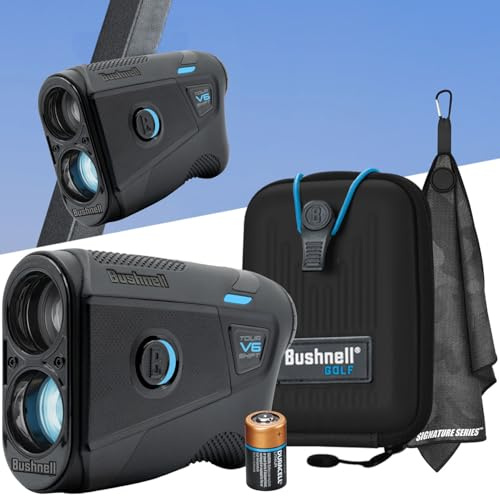 Bushnell Golf Tour V6 Shift Laser Rangefinder, Black | Slope Compensation, PinSeeker, Magnetic Mount, 6X Magnification, 1300 Yard Range, 3D Flyovers in App, Signature Series Golf Towel Bundle
