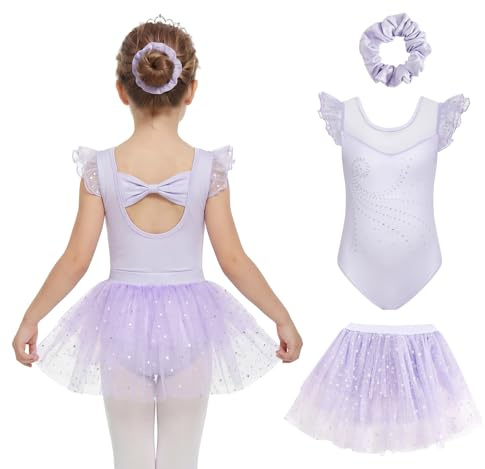 JiAmy Justaucorps de ballet à manches volantées pour filles avec jupe - Costume de danse brillante pour 3 à 10 ans, violet, 3-4 ans