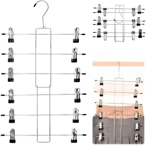 Trouser Hangers Space Saving, 6 Tier Stainless Steel Trouser Rack with Clips, Pants Organiser Hanger, Skirt Clip Hanger for Space Saver Wardrobe Storage