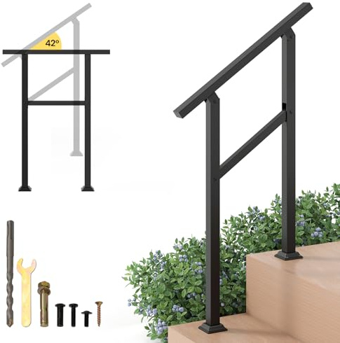 COSTWAY Outdoor Handrails for Stairs, Fits 1 to 2/3/4 Steps Adjustable Metal Hand Rails Stairs with Installation Kit, Banister Exterior Stair Railing for Garden Porch Entrance Balcony (1 to 2 Steps)