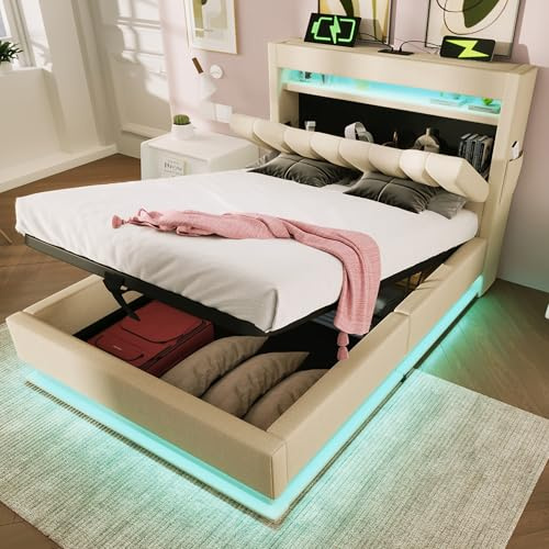 Hydraulisk vadderad säng förvaringssänghuvud med USB- och typ-C-portar enkelsäng med LED-belysning resårsängslinne för vuxna gästsängar beige utan madrass 90 x 200 cm