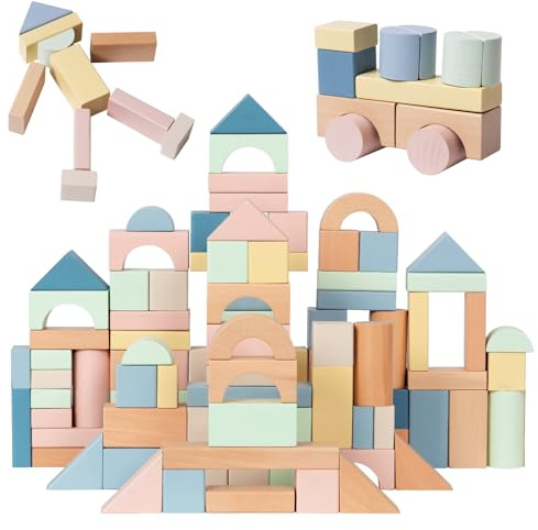 Nene Toys Blocs de Construction en Bois 100 Pièces – Blocs Pastel en Bois FSC pour Enfants dès 1 an – Jeu Montessori d’Éveil, Empilage & Tri pour Filles & Garçons – Idée Cadeau 1 2 3 Ans
